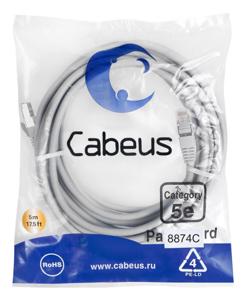 Патч-корд F/UTP кат.5E PC-FTP-RJ45-Cat.5e-5m-LSZH 2xRJ45/8p8c экранир. LSZH 5м сер. Cabeus 8874c