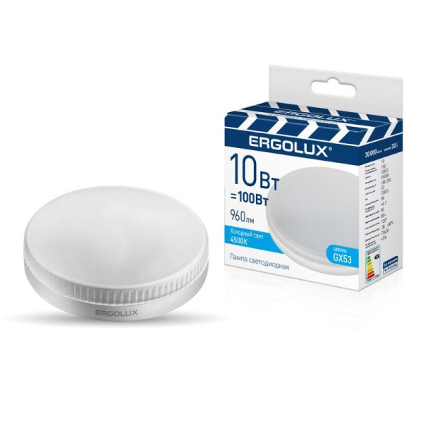 Лампа светодиодная LED-GX53-10W-GX53-4K 10Вт таблетка 4500К бел. GX53 180-240В ПРОМО Ergolux 15560