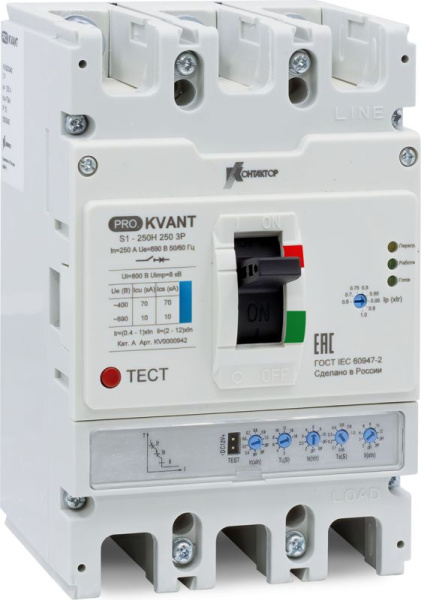 Выключатель автоматический PRO.KVANT S1-250S 3P 160А 50кА в литом корпусе с электрон. расцеп. Контактор KV0000939
