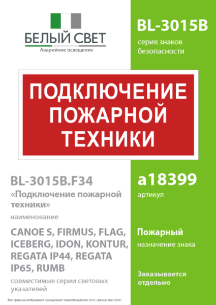 Знак безопасности BL-3015B.F34 "Подключение пожарной техники" Белый свет a18399