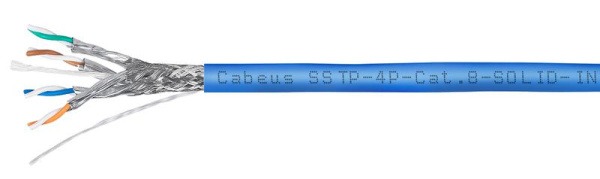 Кабель витая пара S/FTP кат.8 4х2х23AWG solid LSZH нг(А)-HF SSTP-4P-Cat.8-SOLID-IN-LSZH-BL син. (уп.305м) Cabeus 7750c
