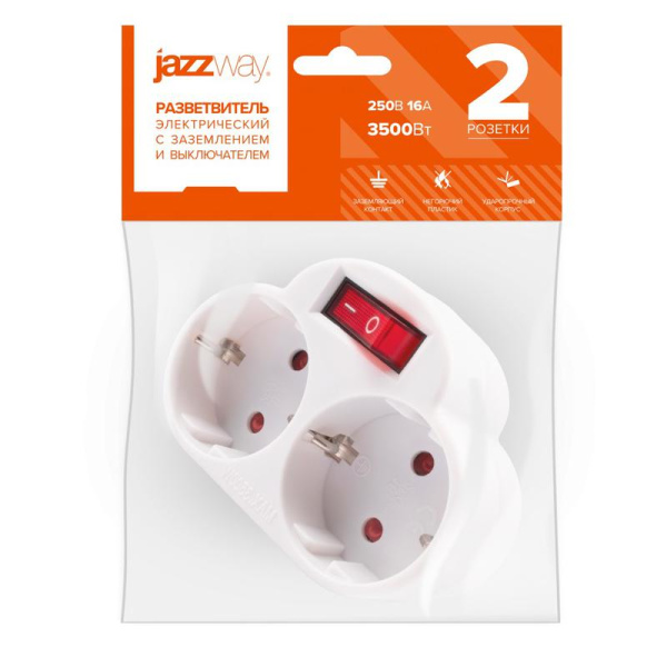 Разветвитель с заземл. 16А 3.5кВт AD-2GS защ. шторки с выкл. JazzWay 5004788
