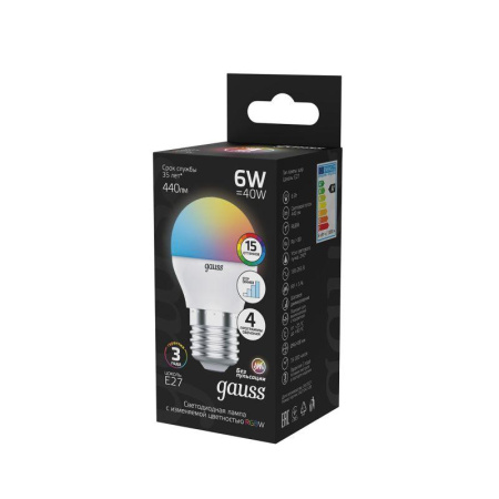 Лампа светодиодная Black 6Вт G45 шар RGBW E27 диммир. GAUSS 105102406