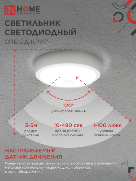 Светильник светодиодный СПБ-2Д-КРУГ 14Вт 4000К 1100лм 230В 210мм с датчиком бел. IN HOME 4690612020693