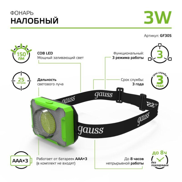 Фонарь налобный GFL 3Вт 150лм IP33 элементы питания 3хAAA GAUSS GF305
