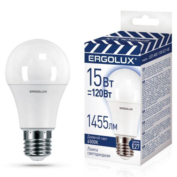 Лампа светодиодная LED-A60-15W-E27-6K 15Вт грушевидная 6500К холод. бел. Е27 220-240В ЛОН ПРОМО Ergolux 14784