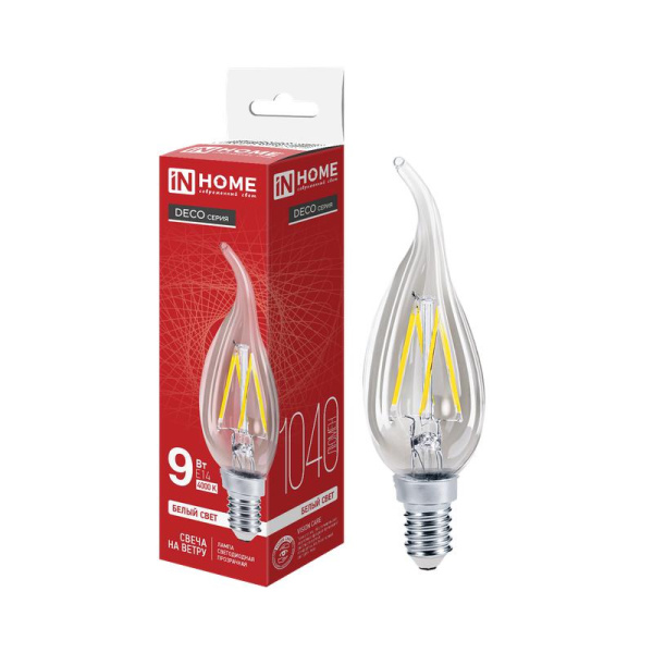 Лампа светодиодная LED-СВЕЧА НА ВЕТРУ-deco 9Вт свеча на ветру прозрачная 4000К нейтр. бел. E14 1040лм 230В IN HOME 4690612026244