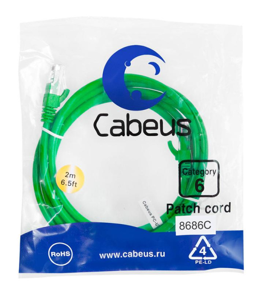 Патч-корд U/UTP кат.6 PC-UTP-RJ45-Cat.6-2m-GN 2xRJ45/8p8c неэкранир. PVC 2м зел. Cabeus 8686c