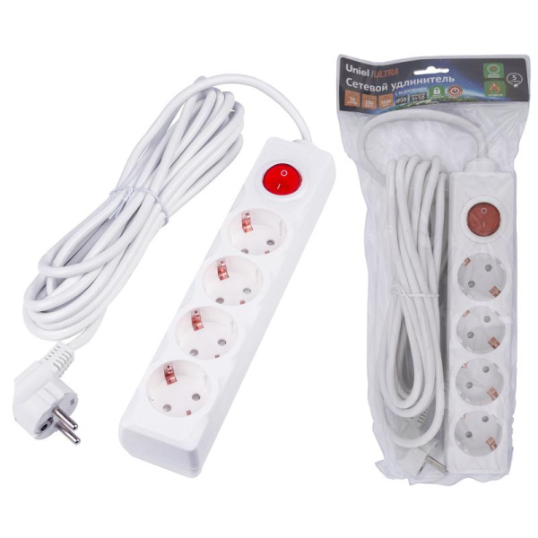Удлинитель 4х5м с заземл. 16А Ultra S-GCU4-5B WHITE бел. Uniel UL-00010024