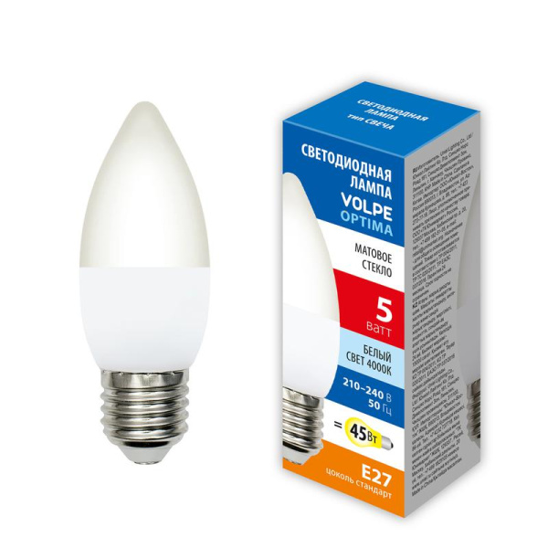 Лампа светодиодная LED-C37-5W/4000K/E27/FR/SLS 5Вт свеча матовая 4000К бел. свет E27 Volpe UL-00008787