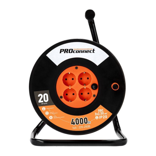 Удлинитель на катушке 4х20м с заземл. 16А IP20 Professional ПВС 3х2.5 PROCONNECT 11-7612