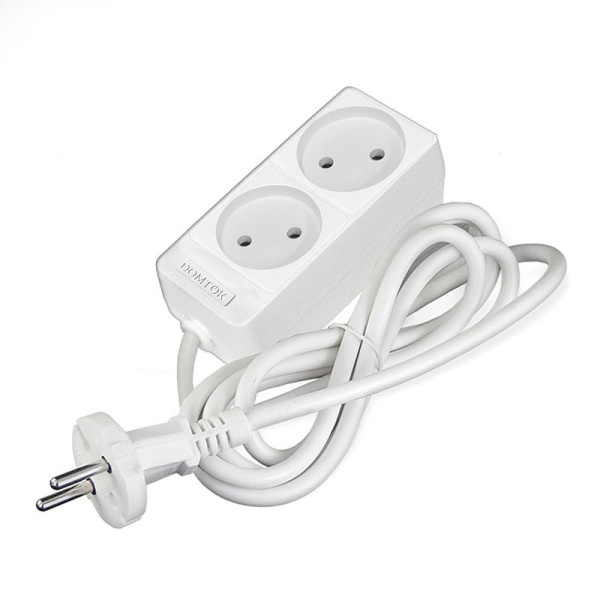 Удлинитель 2х1.5м без заземл. 10А IP20 2.2кВт ПВС 2х1 бел. DOMTOK 2344