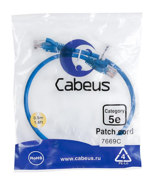 Патч-корд U/UTP кат.5E PC-UTP-RJ45-Cat.5e-0.5m-BL-LSZH 2xRJ45/8p8c неэкранир. LSZH 0.5м син. Cabeus 9528c