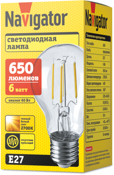 Лампа светодиодная 71 305 NLL-F-A60-6-230-2.7K-E27 6Вт грушевидная 2700К тепл. бел. E27 650лм 220-240В Navigator 71305