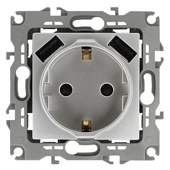 Розетка 16А 250В 2P+E с 2хUSB 5В-3А защ. шторки Эра12 алюм. 12-4109-03 ЭРА Б0047842