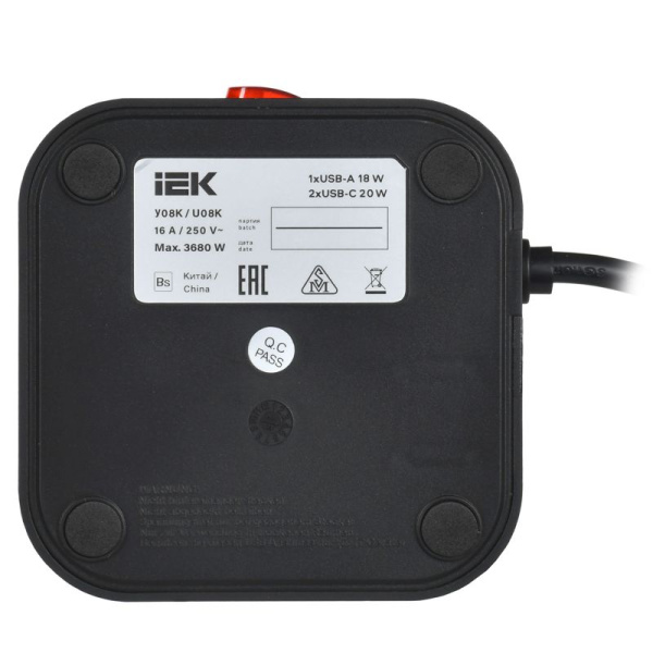 Удлинитель 8х1.5м 16А IP20 У08K 20Вт USB A+C 3х1 черн. DOMINIC IEK DN-YP30-16-08-01-ZKU-K02