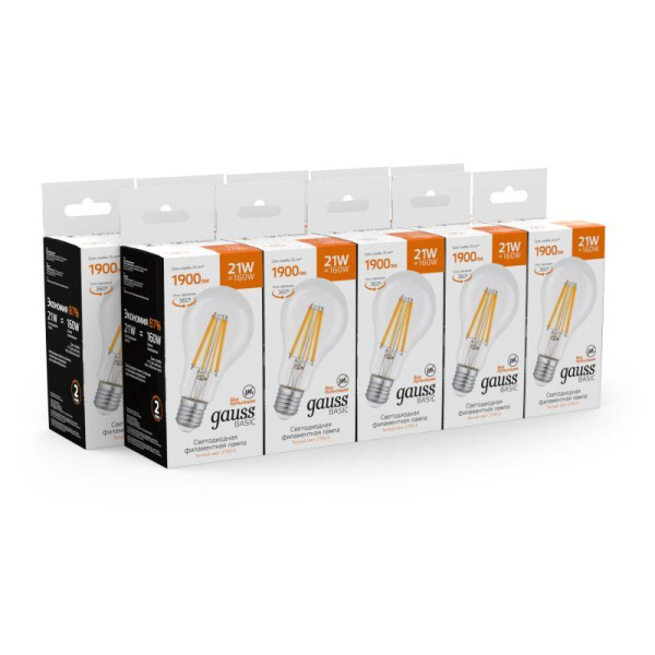Лампа светодиодная филаментная Basic Filament А70 21Вт 2700К Е27 1900лм GAUSS 40712112
