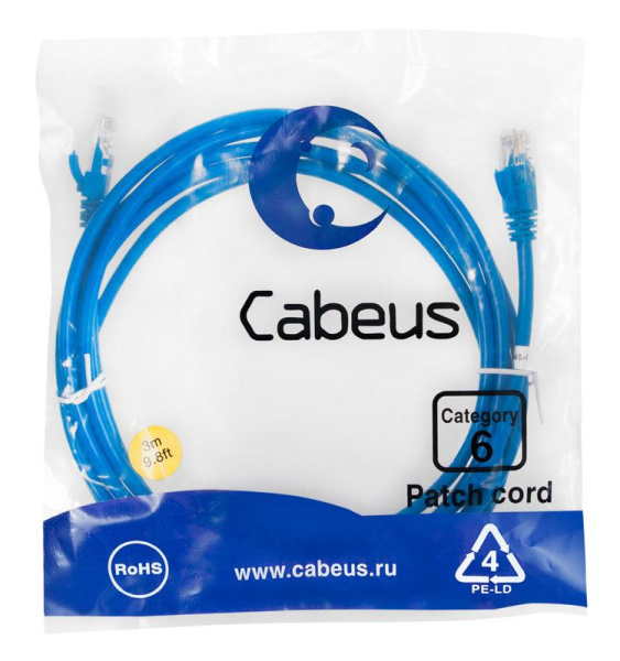 Патч-корд U/UTP кат.6 PC-UTP-RJ45-Cat.6-3m-BL 2xRJ45/8p8c неэкранир. PVC 3м син. Cabeus 8680c