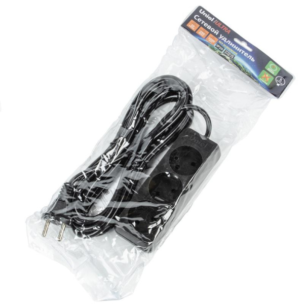 Удлинитель 3х5м без заземл. 10А Ultra S-CU3-5 BLACK черн. Uniel UL-00009985