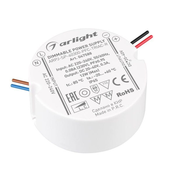 Блок питания ARPJ-SP-40300-PFC-TRIAC-R (12Вт 20-40В 300мА) IP65 пластик Arlight 047588