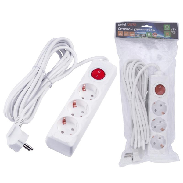 Удлинитель 3х5м с заземл. 16А Ultra S-GCU3-5B WHITE бел. Uniel UL-00010018