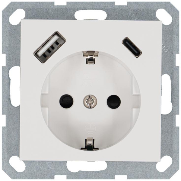 Розетка Shuko 16А с заземл. защ. шторки с 2-мя заряд. устройствами USB тип A+C 25Вт механизм бел. глянцевый Jasmart G5501USB-25W