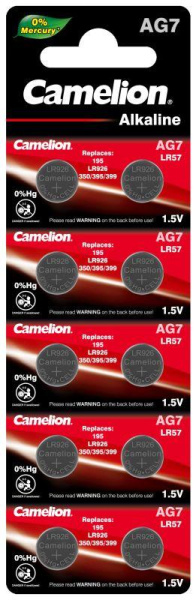 Элемент питания алкалиновый "таблетка" LR926/395A/195/G 7 Mercury Free AG7-BP0%Hg для часов BL-10 (блист.10шт) Camelion 12815