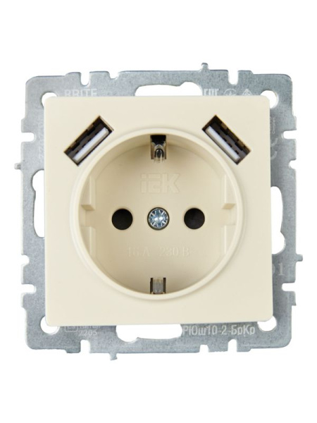 Розетка BRITE РЮш10-2-БрКр 16А с USB A+A 3.1А с заземл. защ. шторки механизм беж. IEK BR-R14-16-U21-D31-K10