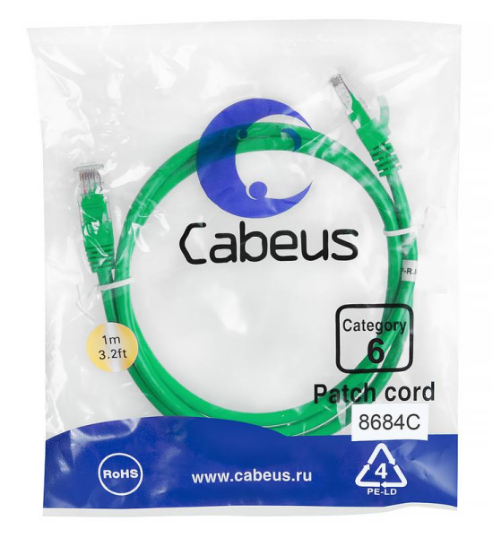 Патч-корд U/UTP кат.6 PC-UTP-RJ45-Cat.6-1m-GN 2xRJ45/8p8c неэкранир. PVC 1м зел. Cabeus 8684c