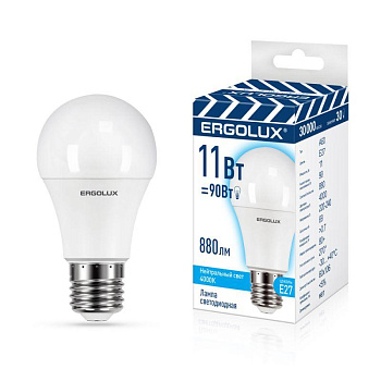 Лампа светодиодная LED-A60-11W-E27-4K 11Вт грушевидная матовая 4000К бел. E27 220-240В ЛОН ПРОМО Ergolux 14459