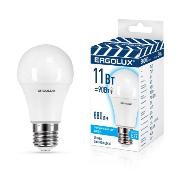 Лампа светодиодная LED-A60-11W-E27-4K 11Вт грушевидная матовая 4000К бел. E27 220-240В ЛОН ПРОМО Ergolux 14459