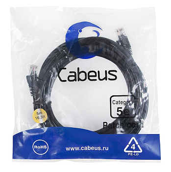 Патч-корд U/UTP кат.5E PC-UTP-RJ45-Cat.5e-5m-BK 2xRJ45/8p8c неэкранир. PVC 5м черн. Cabeus 7691c