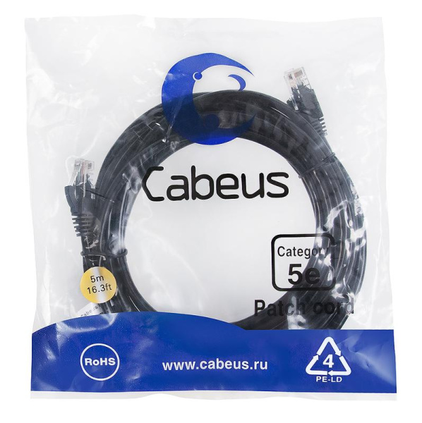 Патч-корд U/UTP кат.5E PC-UTP-RJ45-Cat.5e-5m-BK-LSZH 2xRJ45/8p8c неэкранир. LSZH 5м черн. Cabeus 9541c