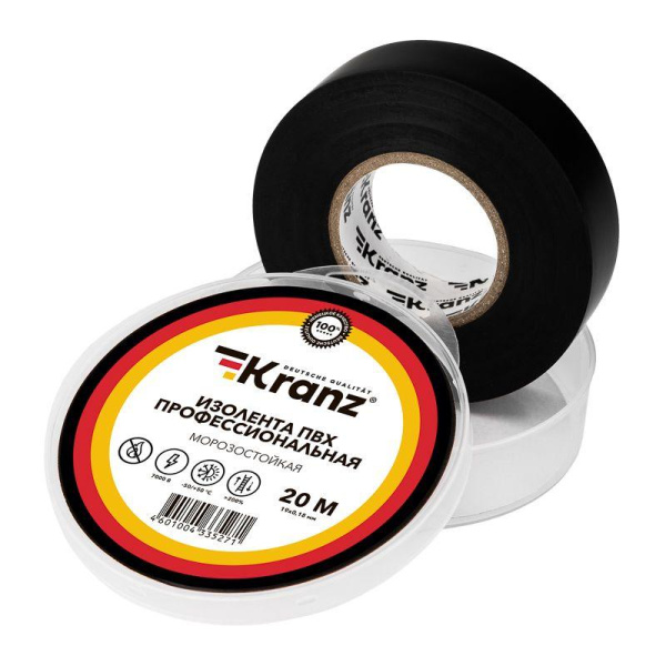 Изолента ПВХ профессиональная 0.18х19мм морозостойкая 20м черн. Kranz KR-09-2826