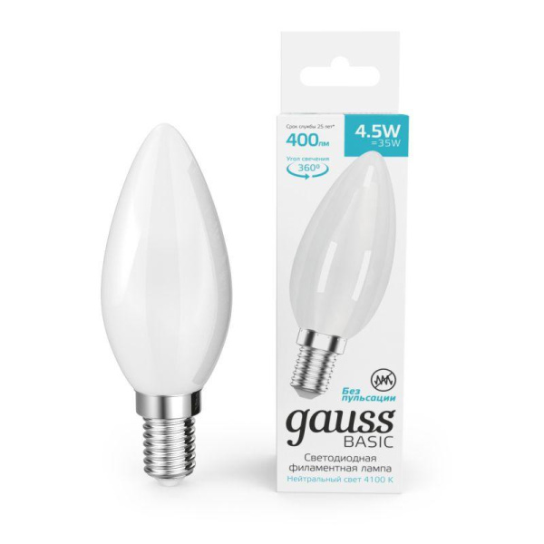 Лампа светодиодная филаментная Basic Filament 4.5Вт Свеча 4100К Е14 400лм milky GAUSS 1035125