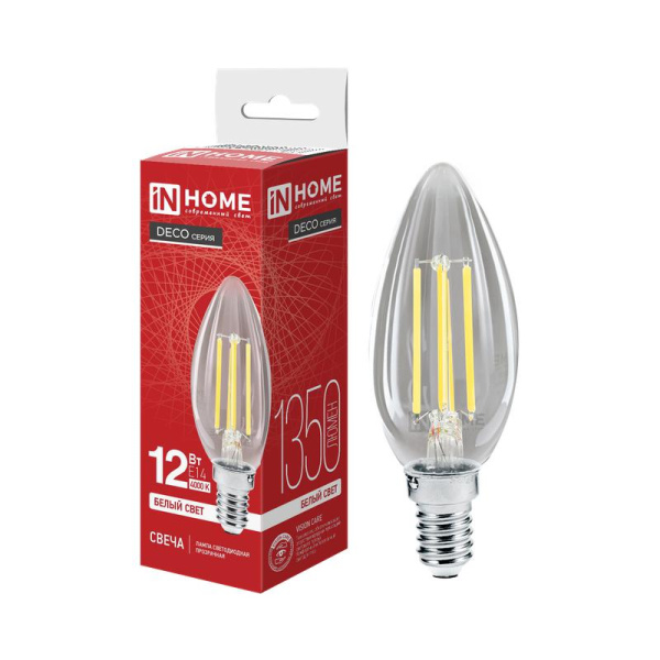 Лампа светодиодная LED-СВЕЧА-deco 12Вт 230В E14 4000К 1350лм прозрачная IN HOME 4690612053677
