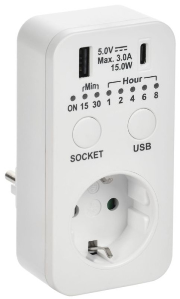 Розетка-таймер электронный РТЭ-4 16А IP20 с USB 15мин 8ч бел. IEK ERT12-1-16-O-15-2-20-K01