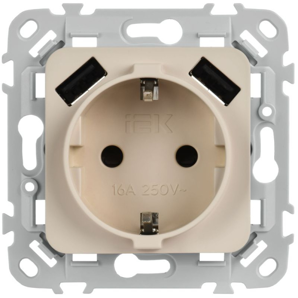 Розетка 1-м СП FLITE РСЮша11-1-ФлЛ 16А с USB A+A 3.1А с заземл. с защ. шторками безвинтовое крепление механизм льняной IEK FI-R14-16-1-U21-D31-K88