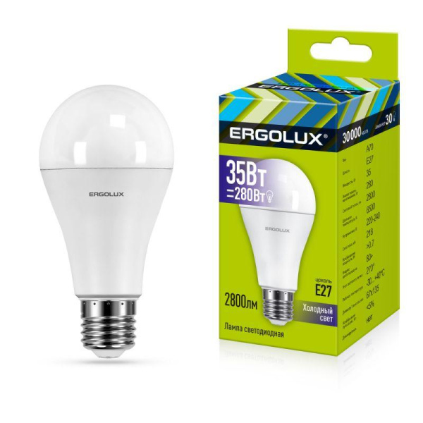 Лампа светодиодная LED-A70-35W-E27-6K ЛОН 35Вт грушевидная 6500К холод. бел. E27 220-240В Ergolux 14232