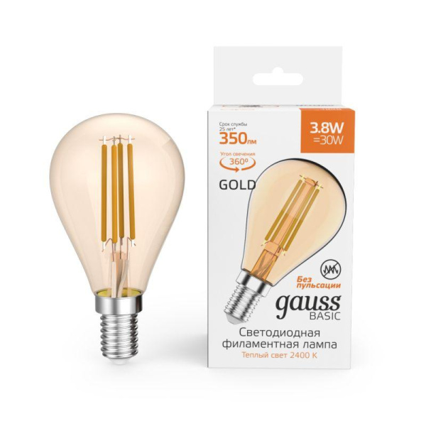 Лампа светодиодная филаментная Basic Filament 3.8Вт Шар 2400К Е14 350лм golden GAUSS 1057154