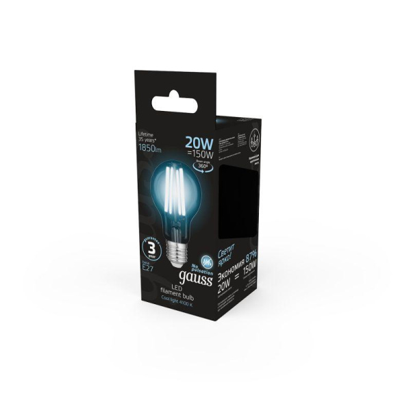 Лампа светодиодная филаментная Black Filament 20Вт A60 грушевидная 4100К нейтр. бел. E27 1850лм GAUSS 102902220