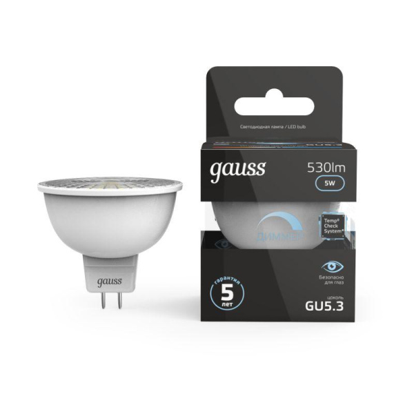 Лампа светодиодная Black 5Вт MR16 софит 4100К нейтр. бел. GU5.3 530лм диммир. GAUSS 101505205-D