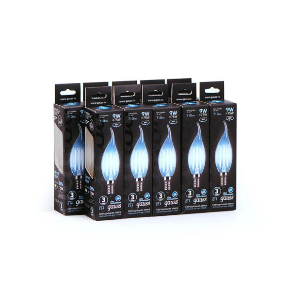 Лампа светодиодная филаментная Black Filament 9Вт свеча на ветру 4100К нейтр. бел. E14 710лм GAUSS 104801209