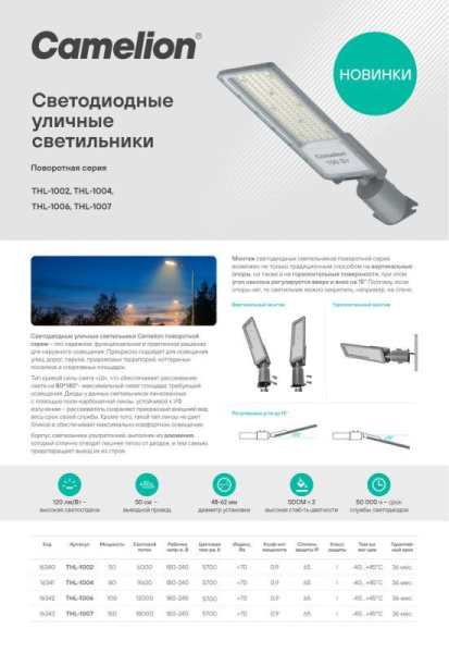 Светильник THL-1004 80Вт 5700К IP65 9600лм 180-240В 500х130х79 КСС "Ш" 1/10 ПВ уличный Camelion 16341
