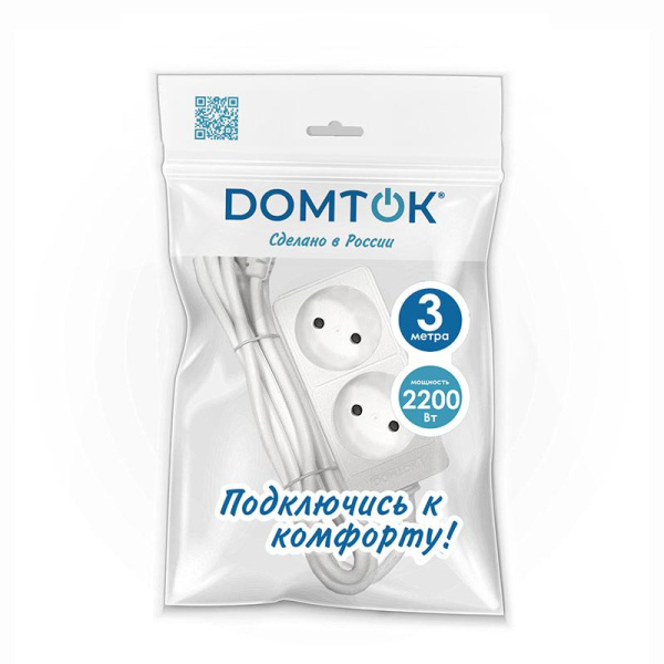 Удлинитель 2х3м без заземл. 10А IP20 2.2кВт ПВС 2х1 бел. DOMTOK 2346