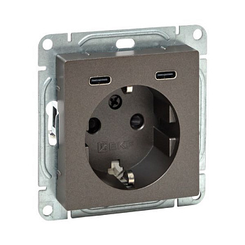 Розетка СП Эпика 16А с 2 USB-C с заземл. защ. шторки механизм мокко EKF UP1-SOM-111-2USBC