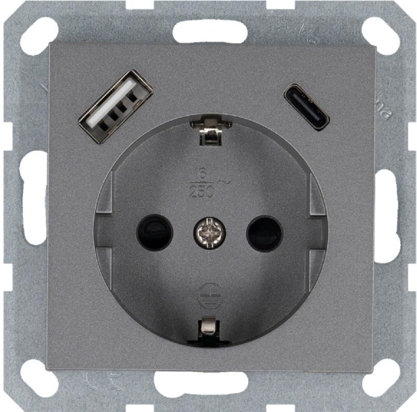 Розетка Shuko 16А с заземл. защ. шторки с 2-мя заряд. устройствами USB тип A+C 25Вт механизм алюм. Jasmart G5501USB-25S
