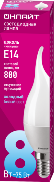 Лампа светодиодная 61 196 OLL-FC37-8-230-6.5K-E14-FR 8Вт свеча на ветру 6500К холод. бел. E14 800лм 176-264В ОНЛАЙТ 61196
