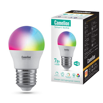 Лампа светодиодная Умный Дом Smart Home LSH7/G45/RGBСW/Е27/WIFI 7Вт шар Е27 200-265В RGB+DIM+CW WiFi Camelion 14501