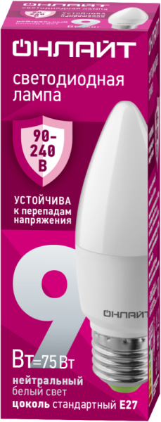 Лампа светодиодная 90 413 OLL-C37-9-230-4K-E27-FR 9Вт свеча 4000К E27 90-240В PRO ОНЛАЙТ 90413